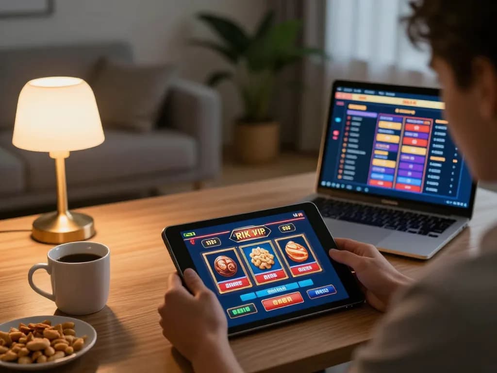 Engaging gameplay on RIK VIP slots in a cozy home setting with snacks and tablet
