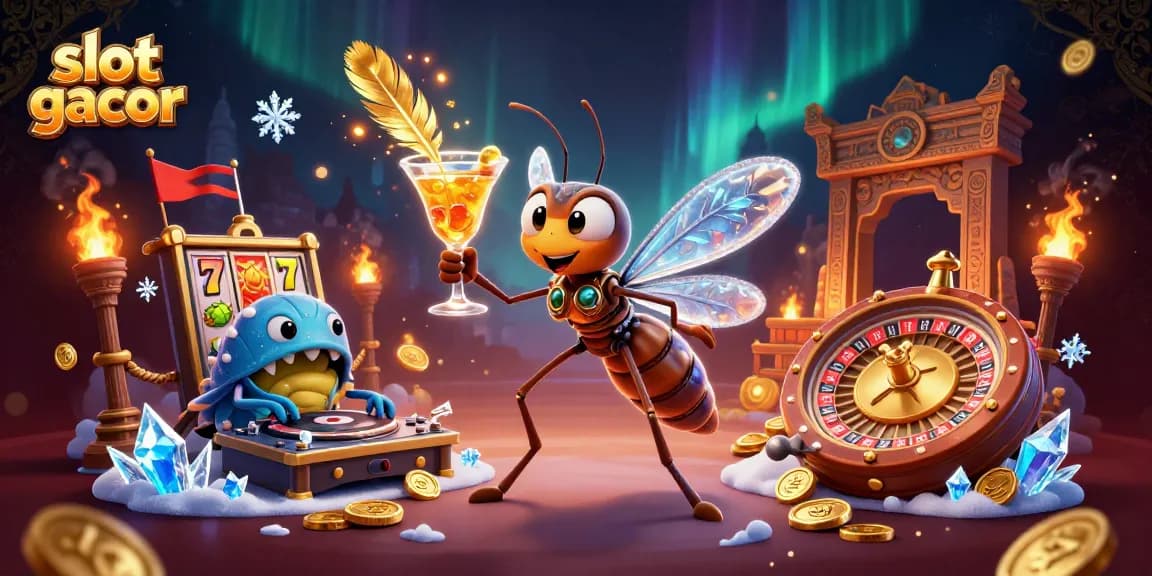 Melihat slot gacor dengan karakter unik dalam ilustrasi kasino, menarik dan penuh detail.