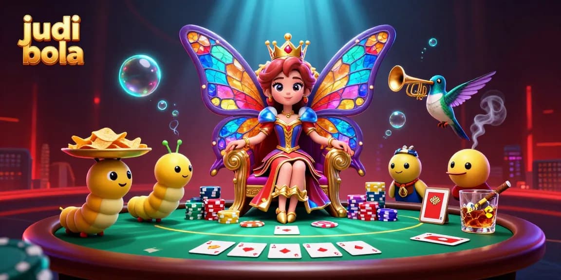 Engage in judi bola with a vibrant scene featuring a butterfly queen at a colorful poker table.