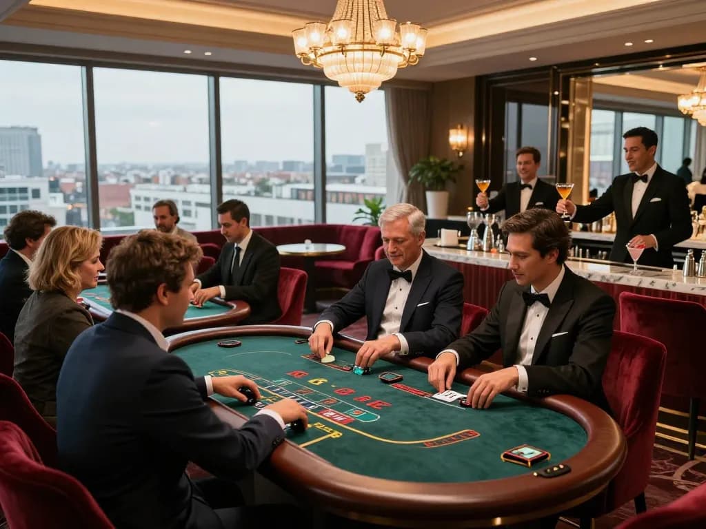 Tỷ lệ kèo nhà cái displayed on a sleek tablet as players strategize in an upscale casino lounge.