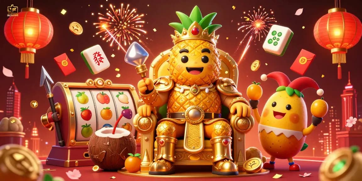 Experience the excitement of IDCASH88 in this vibrant casino scene featuring a golden pineapple king and dynamic gaming elements.