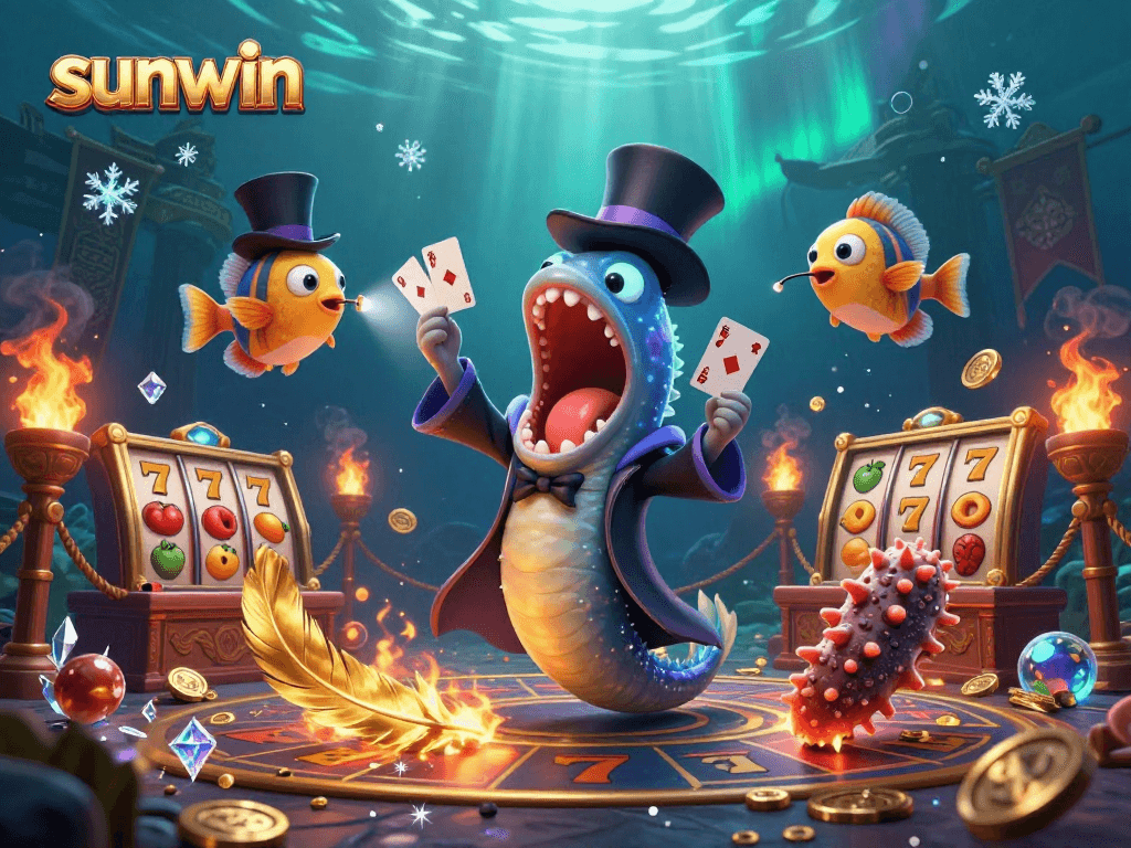 Sunwin showcases a vibrant deep-sea casino scene featuring animated characters performing card tricks and magic acts.