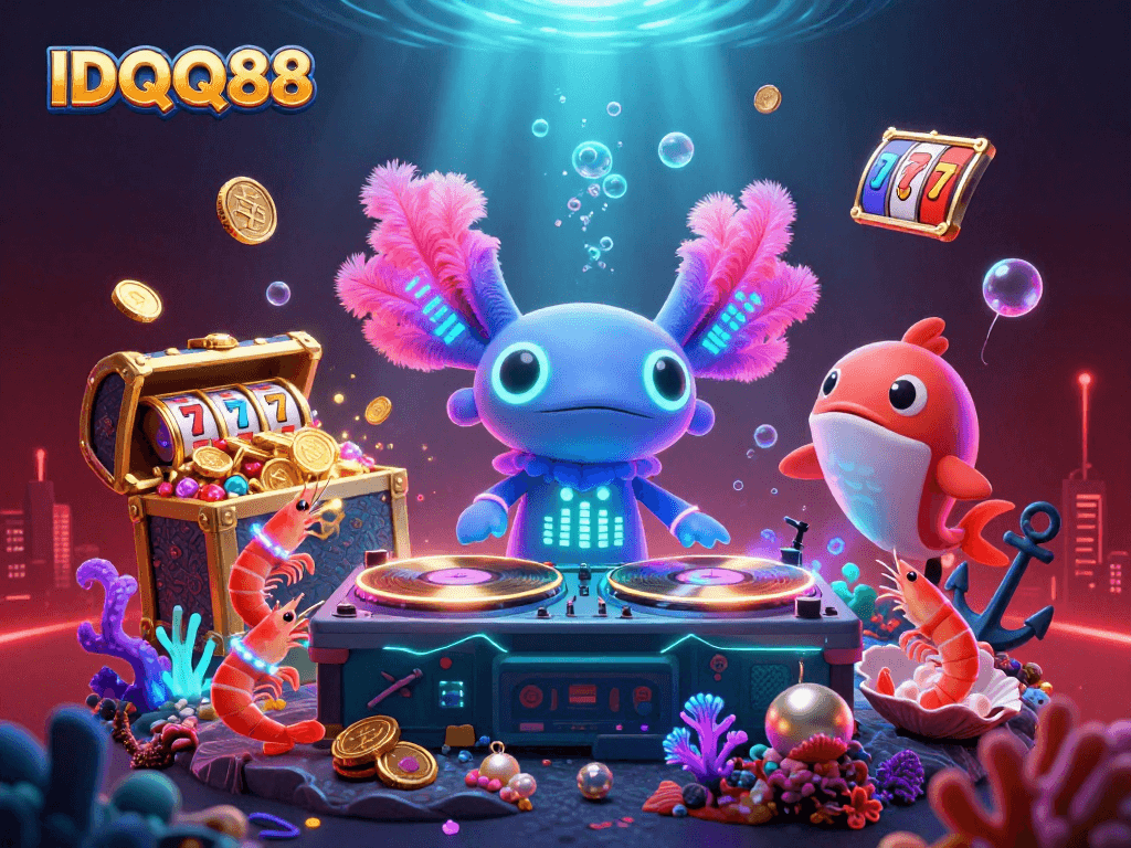 Spin the reels with IDQQ88 as an axolotl DJ sets the underwater party scene alive!