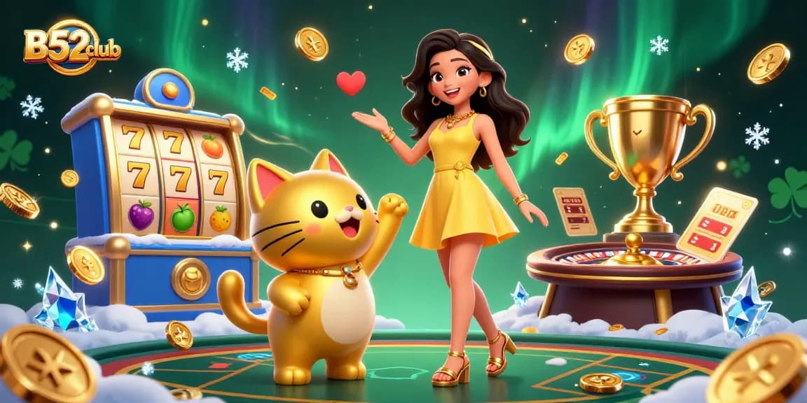 Experience the thrills of B52club with vibrant gaming elements and a cheerful mascot.