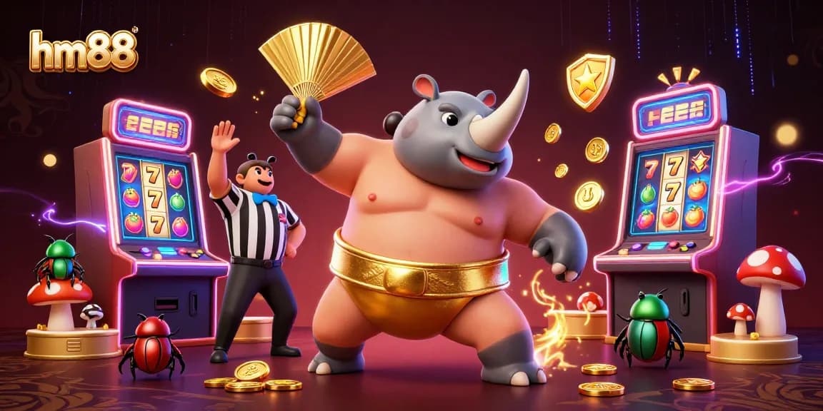 Experience thrilling gameplay at hm88 with a dynamic 3D illustration showcasing exciting slot action.