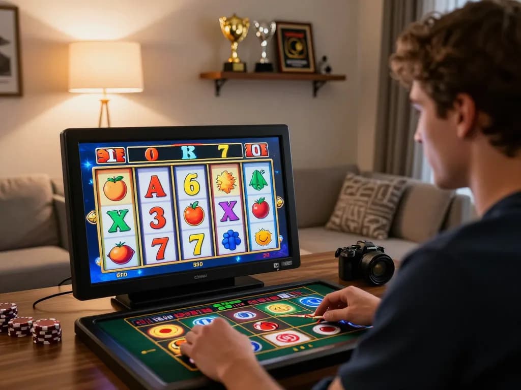 Kong 88 player enjoying vibrant online slots in cozy home setting