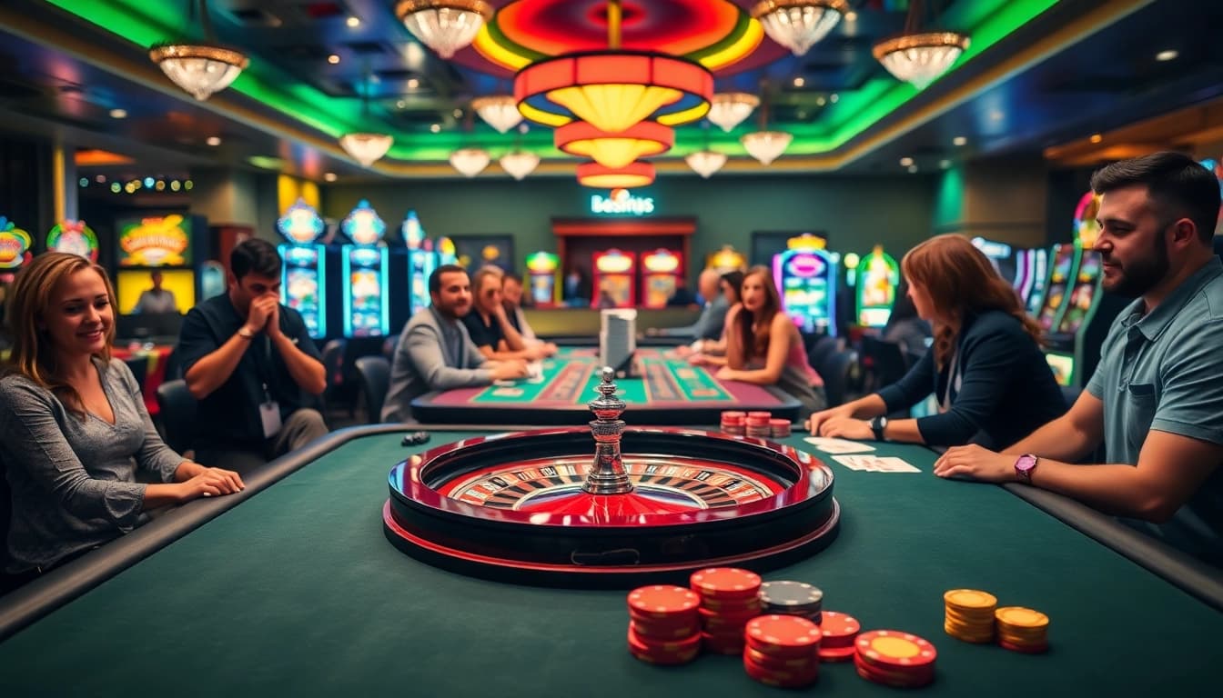 tkp188 pemain bersemangat di kasino dengan roulette dan meja poker yang meriah.