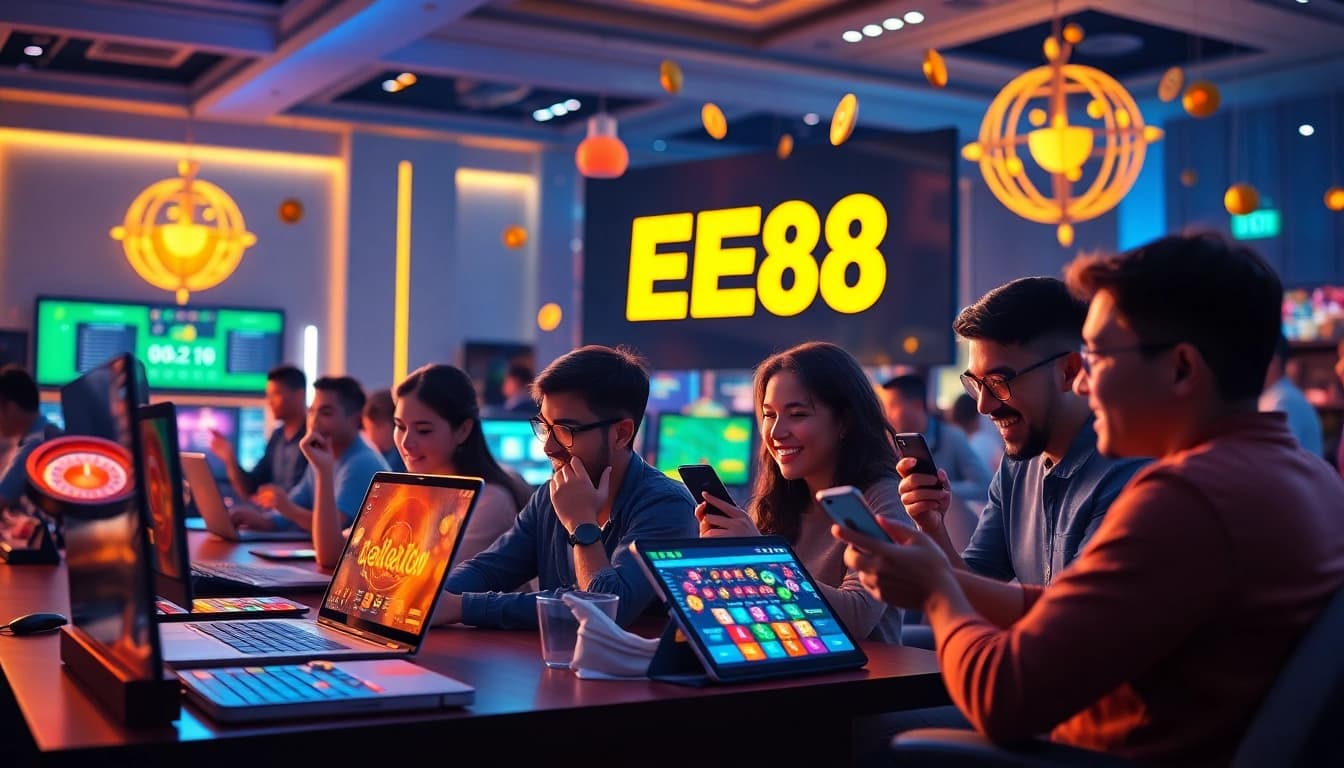 EE88 online gaming platform showcasing dynamic gameplay with modern devices and vibrant interface.