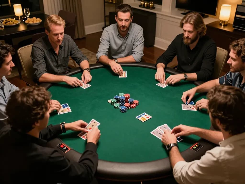 UGDEWA gambling night with friends, showcasing competitive poker action and a cozy atmosphere