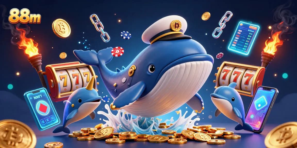 Experience the excitement of 88m with a vibrant 3D casino scene, featuring whales and dolphins in a sea of coins.