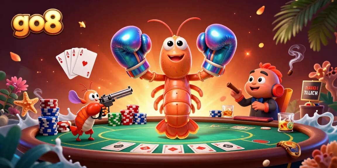 Engage in exciting gaming fun at go8 with vibrant 3D shrimp characters battling poker chips.