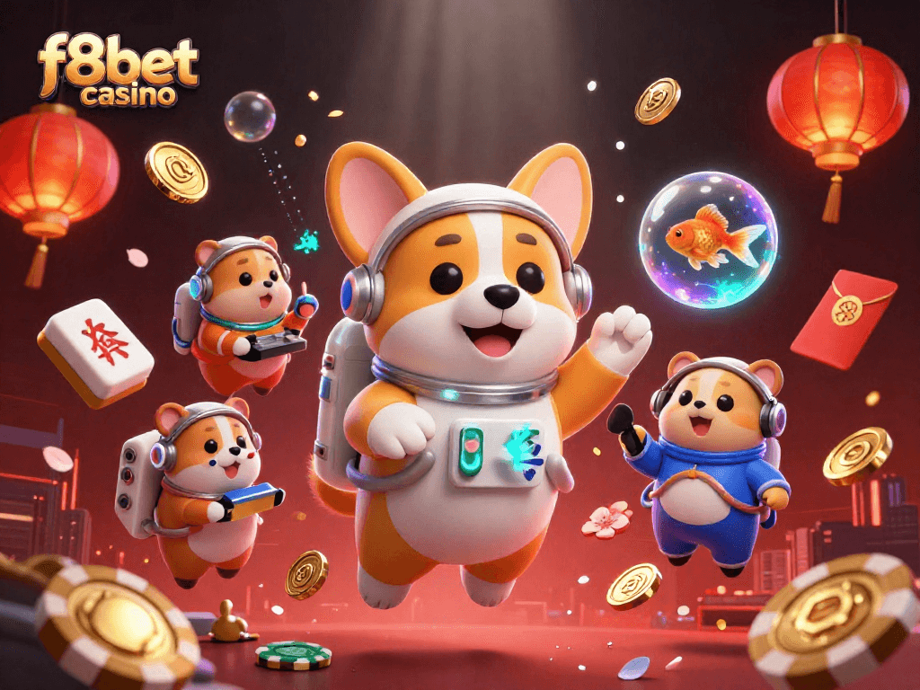 Engage with f8bet casino's dynamic space-themed environment featuring playful characters and vibrant gambling elements.