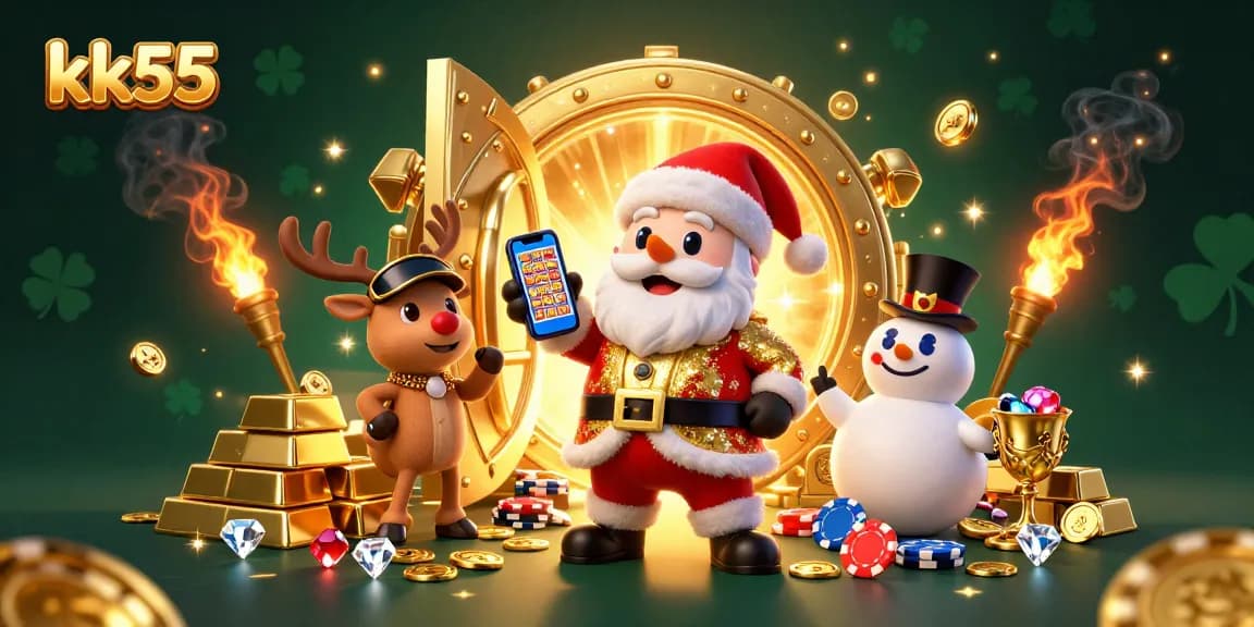 Experience big wins at kk55 with Santa celebrating at a vibrant casino scene filled with treasures.