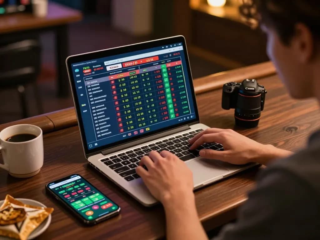 Engaging in sports betting online at https://w188.bid/ with live odds displayed on laptop screen, cozy home atmosphere.