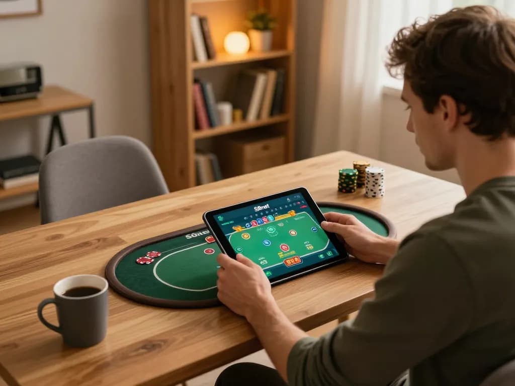 Engaging home gaming setup with S8net poker interface demonstrating responsible gambling in action.