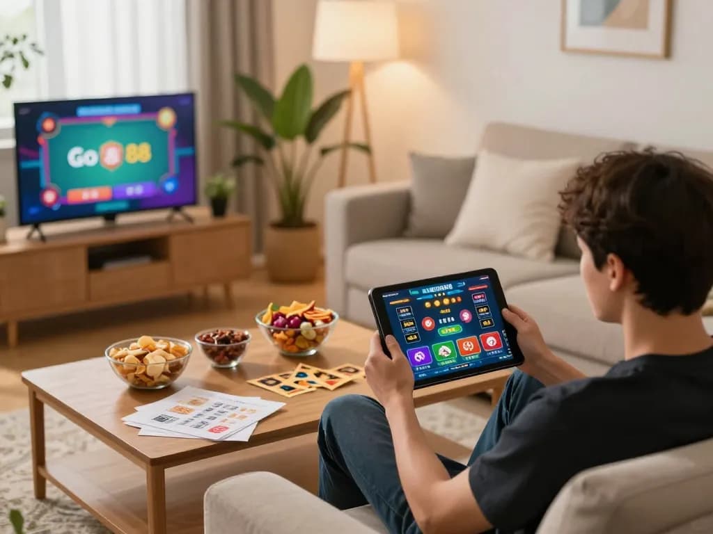 Tham gia trò chơi casino trực tuyến Go 88 trên máy tính bảng, thể hiện không gian chơi game thoải mái tại nhà