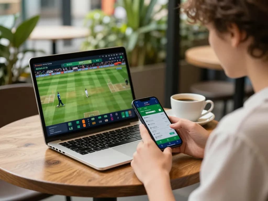 PHPVIP user placing strategic bets on a smartphone at an outdoor café, highlights relaxed online gaming.