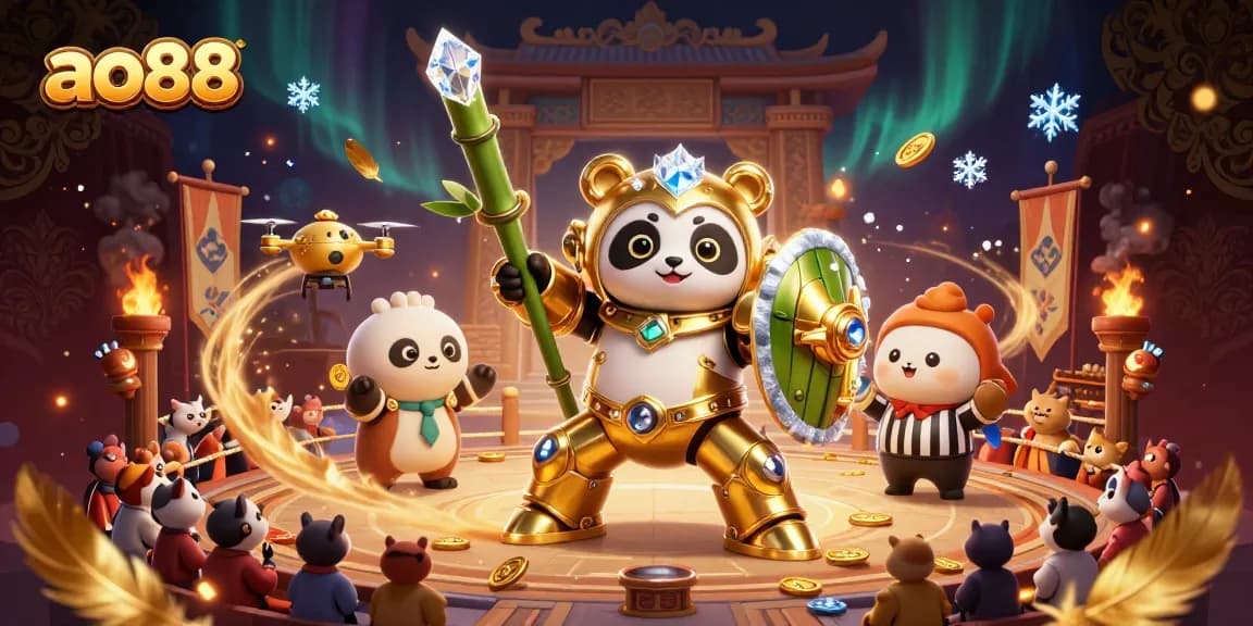 Experience thrilling gameplay at ao88 with an energetic panda piloting a robot amidst a vibrant gambling arena.