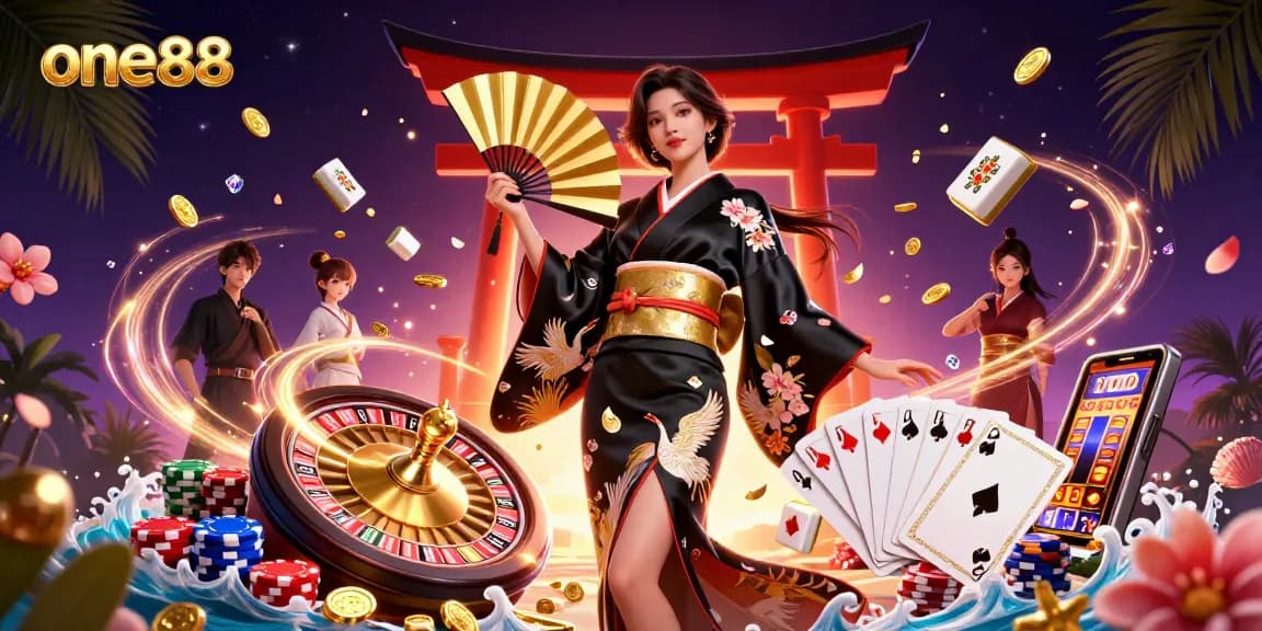 Experience the excitement of one88 with cascading gems, golden coins, and vibrant casino elements.
