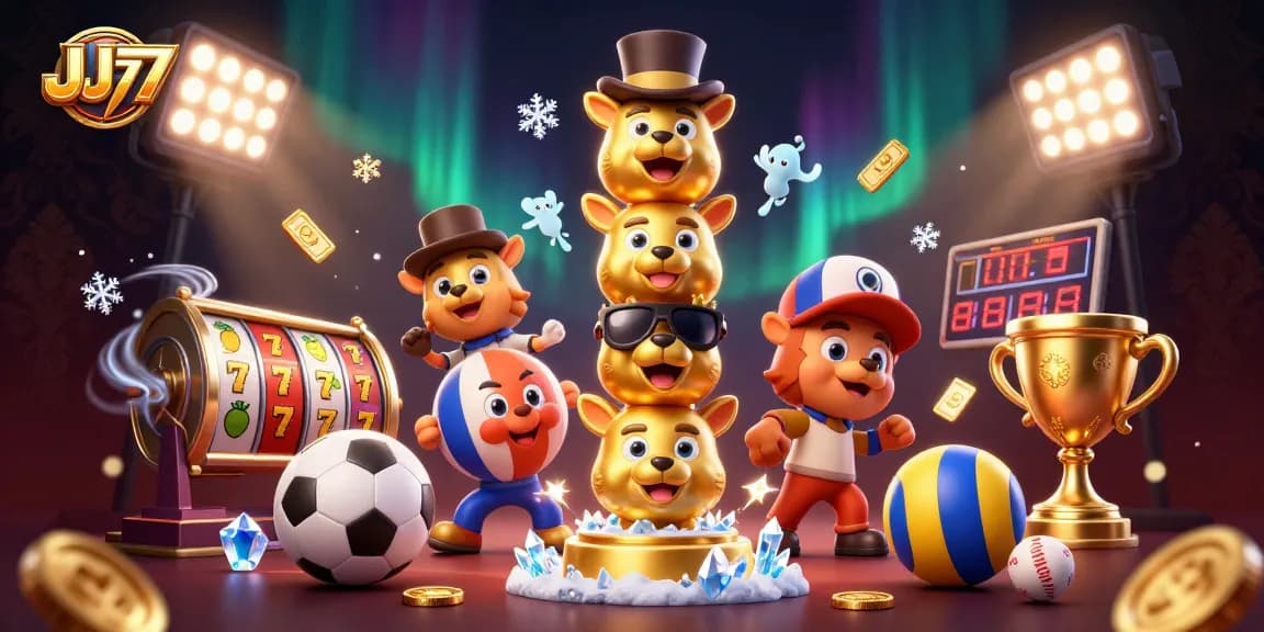 Experience the thrilling world of JJ77 with exciting sports and casino elements in this vibrant illustration.