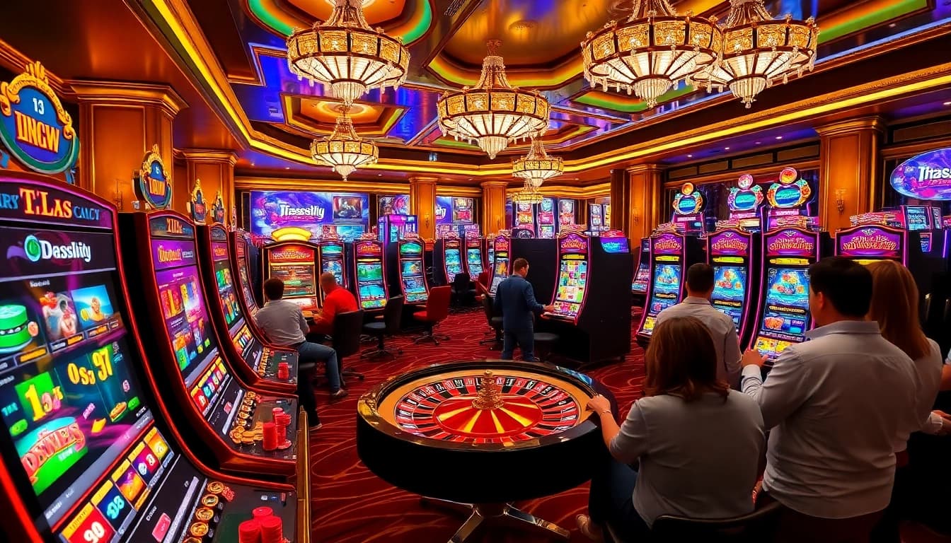 Excited players enjoy idnslot games in a vibrant casino setting with spinning slot machines.
