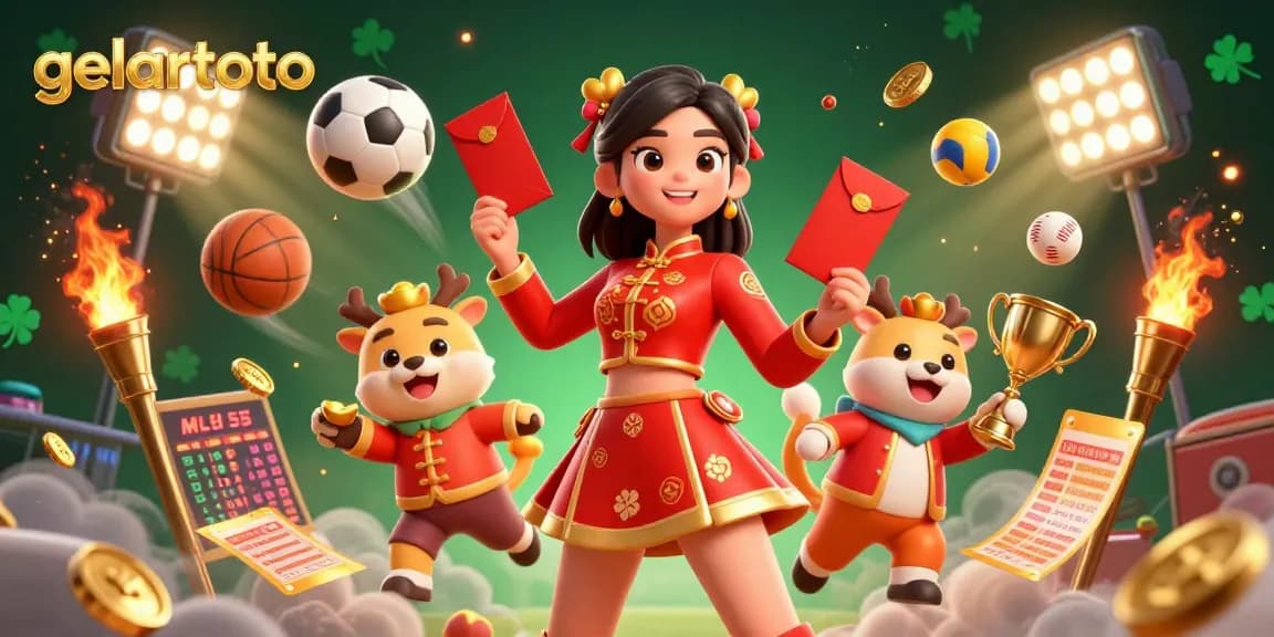 Experience the excitement of gelartoto with a vibrant Lunar New Year scene full of sports and festive elements.