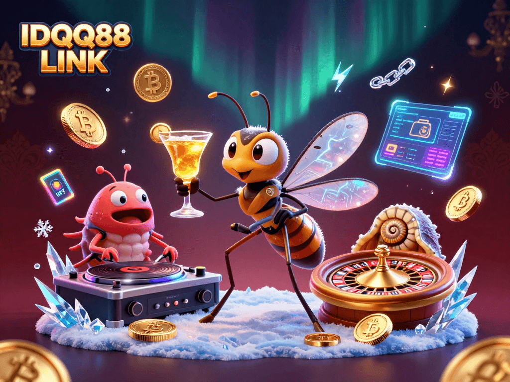 Engage with the vibrant IDQQ88 LINK casino scene showcasing mascots, crypto elements, and dynamic energy.