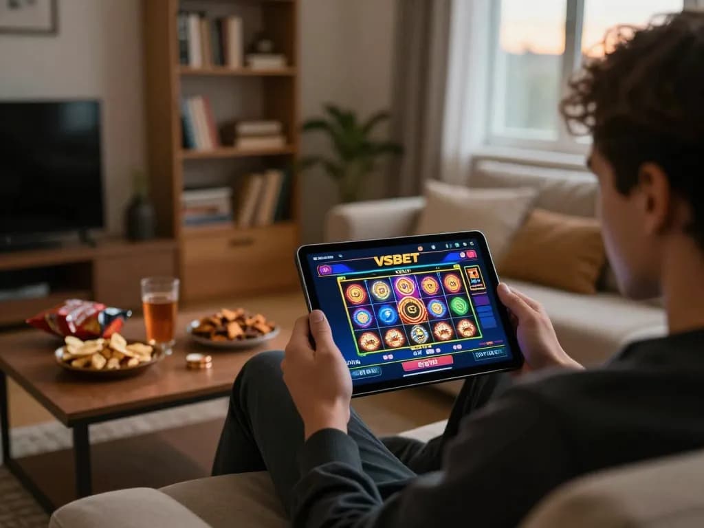 Enjoying the VSBET casino app on a tablet during a cozy home gaming session.