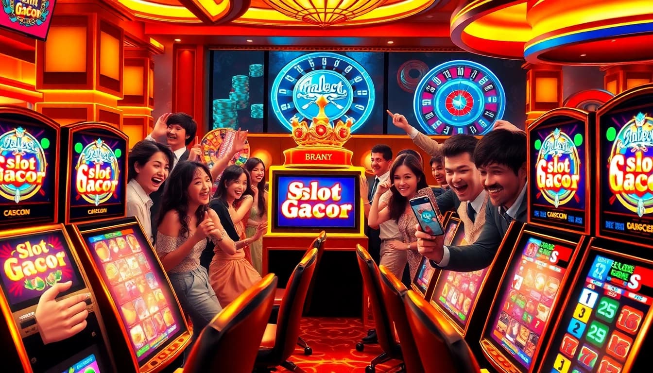Adegan kasino yang hidup menampilkan para pemain yang menikmati mesin Slot Gacor, penuh dengan kegembiraan dan ketegangan.