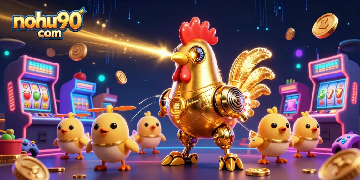 Engage in thrilling gameplay at nohu90 com with a vibrant 3D casino illustration featuring our iconic rooster robot.