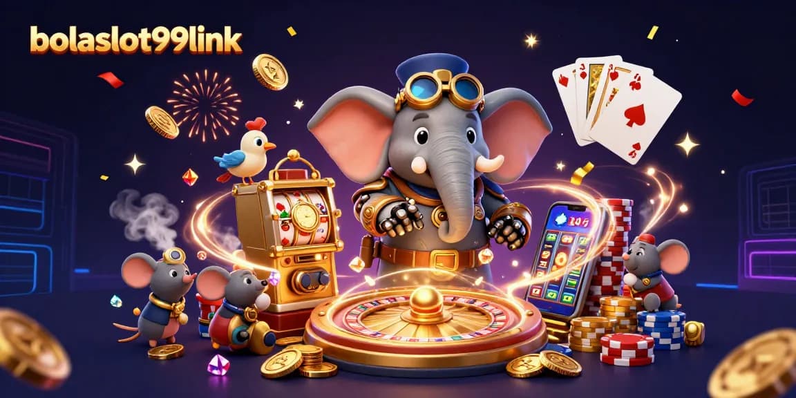 Spin for jackpots at bolaslot99link featuring a steampunk elephant engineer with vibrant casino elements.