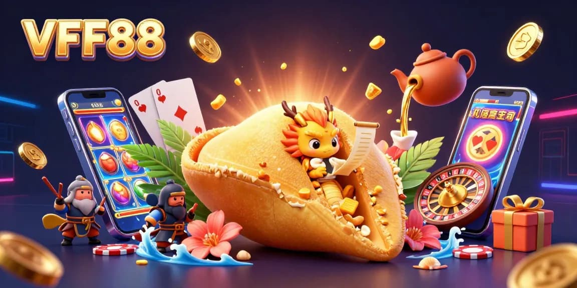 VFF88 players celebrate winning with a giant fortune cookie and dragon in a vibrant 3D casino scene.