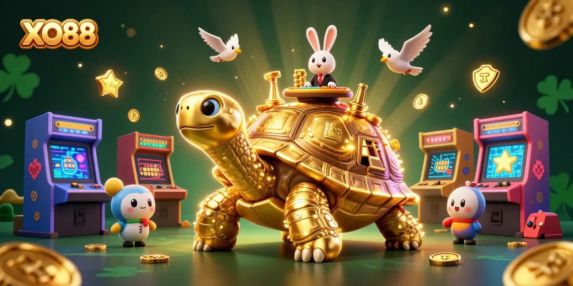 Experience the excitement of XO88 as a golden tortoise hosts a vibrant casino scene with a rabbit dealer.