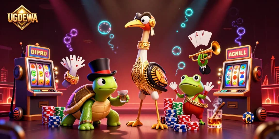 Spin the reels at UGDEWA with stunning slots and vibrant jackpot counters in a lively casino scene.