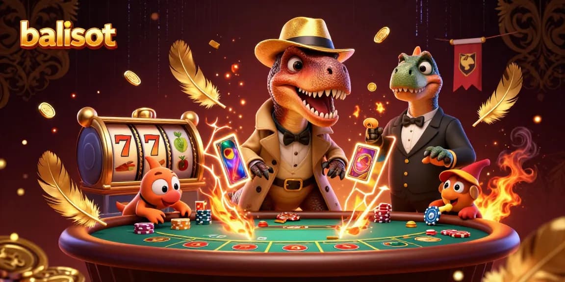 Gambarkan balislot dengan raptor dan dinosaurus di meja blackjack, dikelilingi koin emas dan simbol slot.