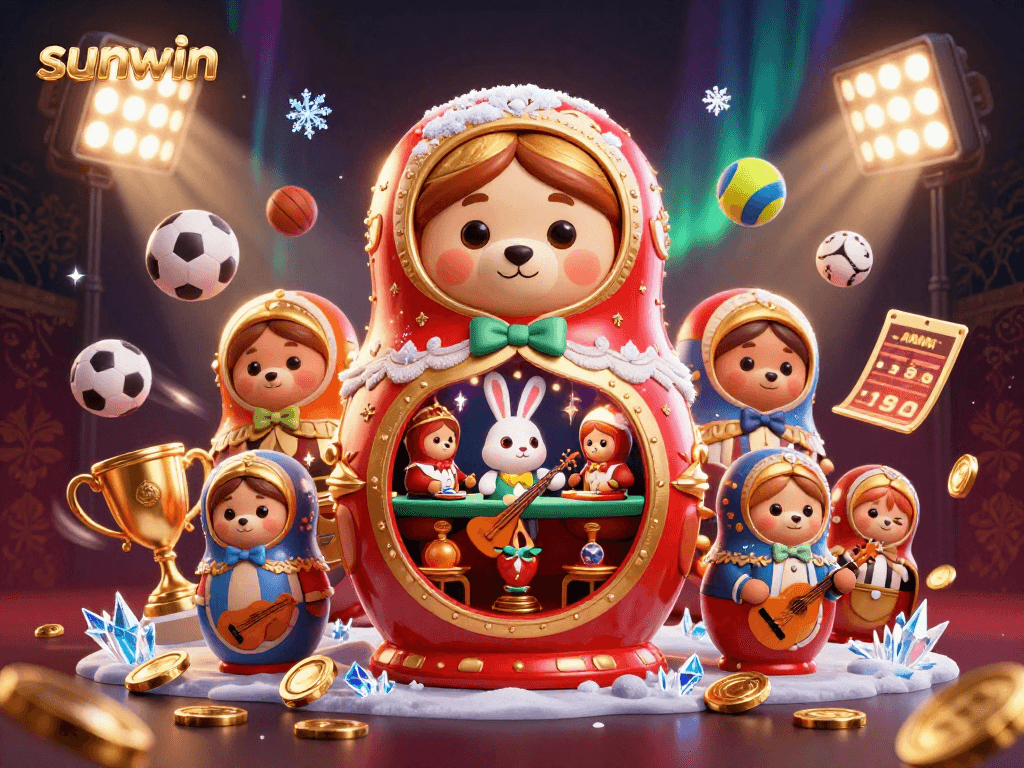 Engage in thrilling sports betting with sunwin's vibrant casino scene featuring fun characters and energetic sports elements.