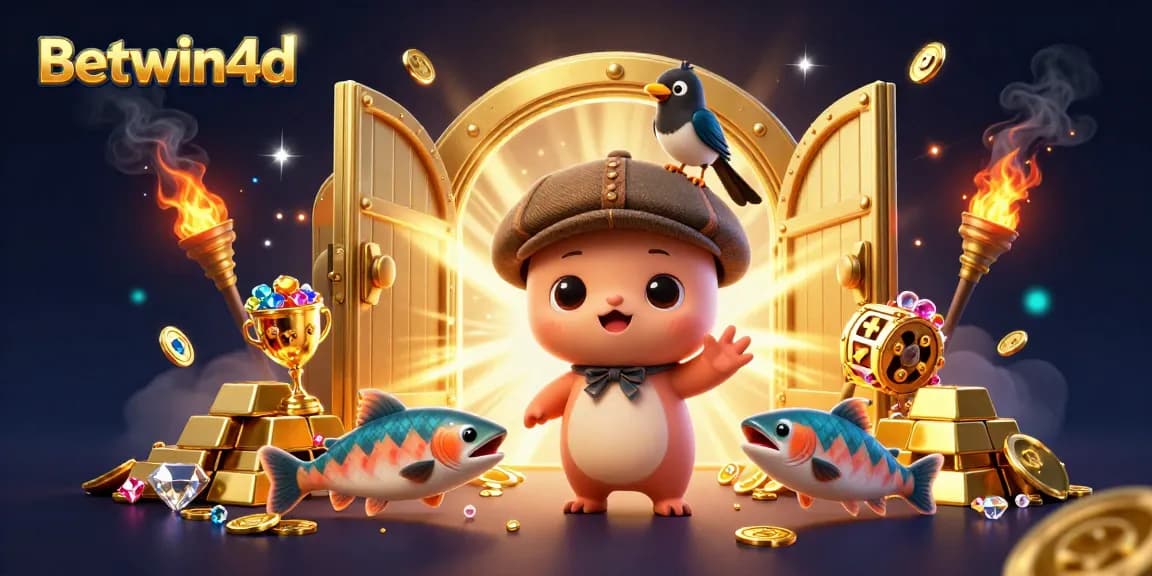 Engage with Betwin4d's vibrant slot gaming scene featuring cartoon characters and golden treasures.