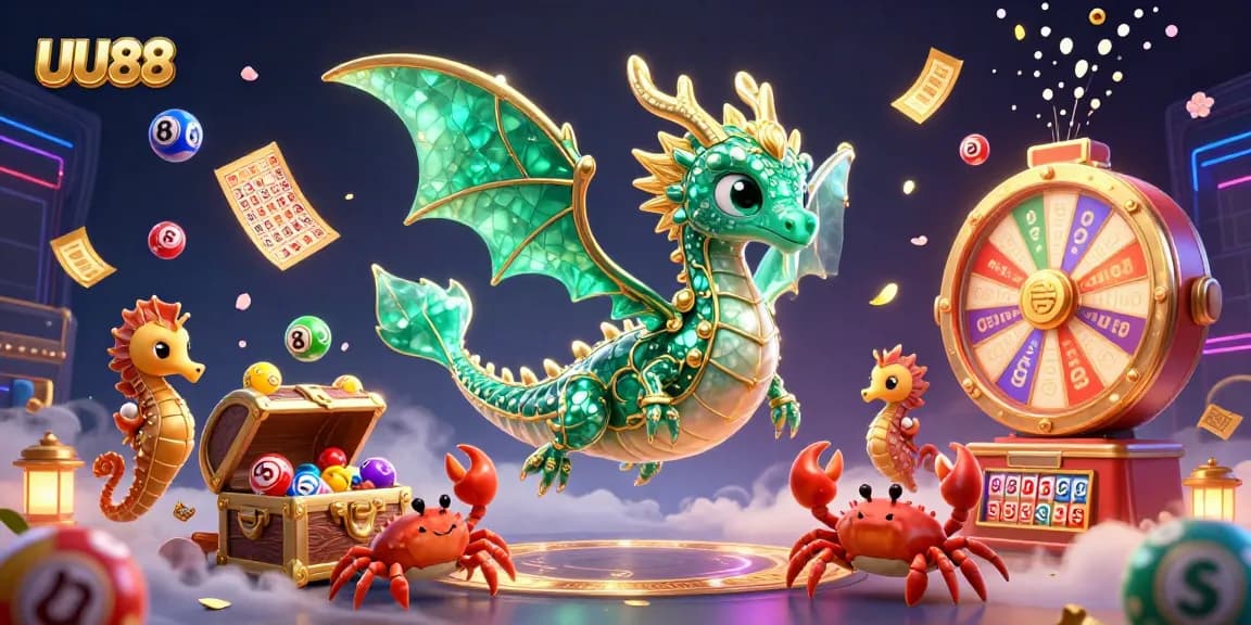 Engage with UU88 in this vibrant 3D casino scene featuring colorful lottery elements and a magical underwater theme.