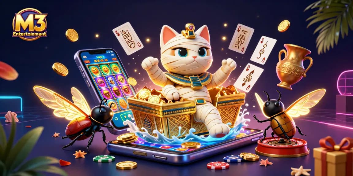 M3 Entertainment captivates players in a vibrant casino scene with a mummy cat and gaming elements.
