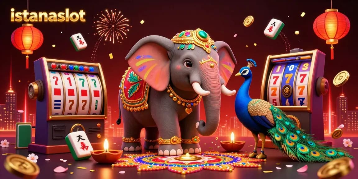 Experience an exciting gaming atmosphere with istanaslot, featuring a colorful elephant and peacock amidst vibrant casino elements.