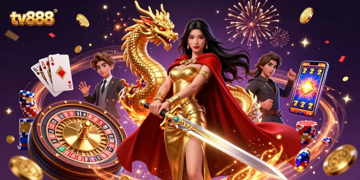 Experience thrilling gameplay at tv888 with a warrior queen and dynamic casino elements.