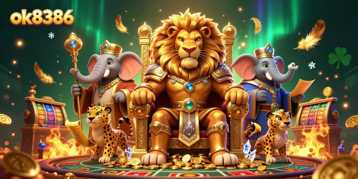 Engage in thrilling gambling at ok8386 with a fierce lion king amidst sparkling coins and casino elements.