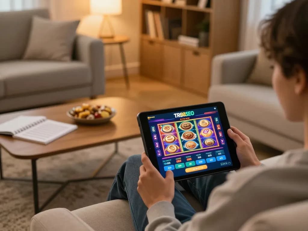 Person gaming on TR88SEO tablet, showcasing a fun online casino experience at home