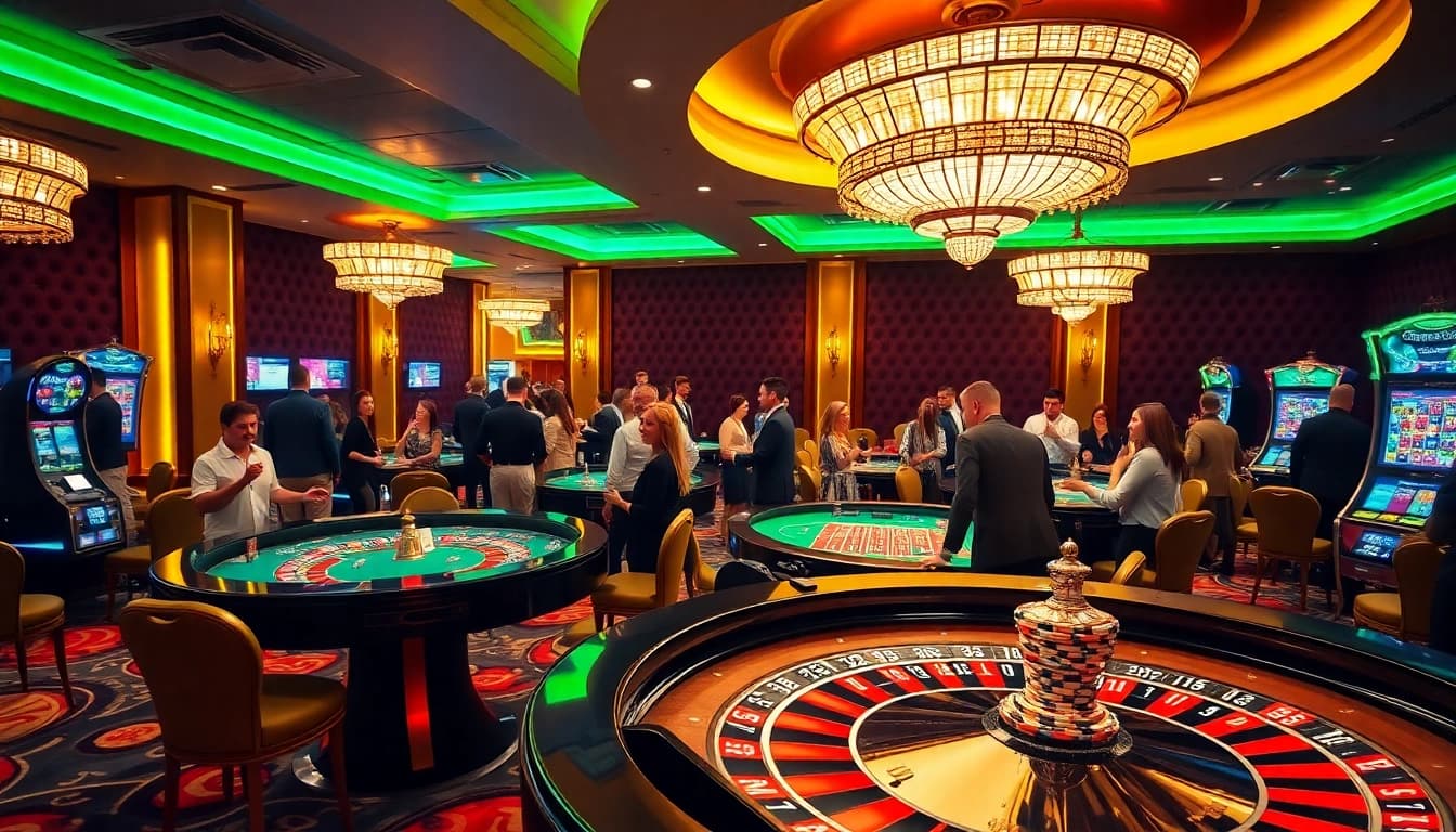 Exciting gameplay at thabet777 casino, featuring poker tables and vibrant slot machines.