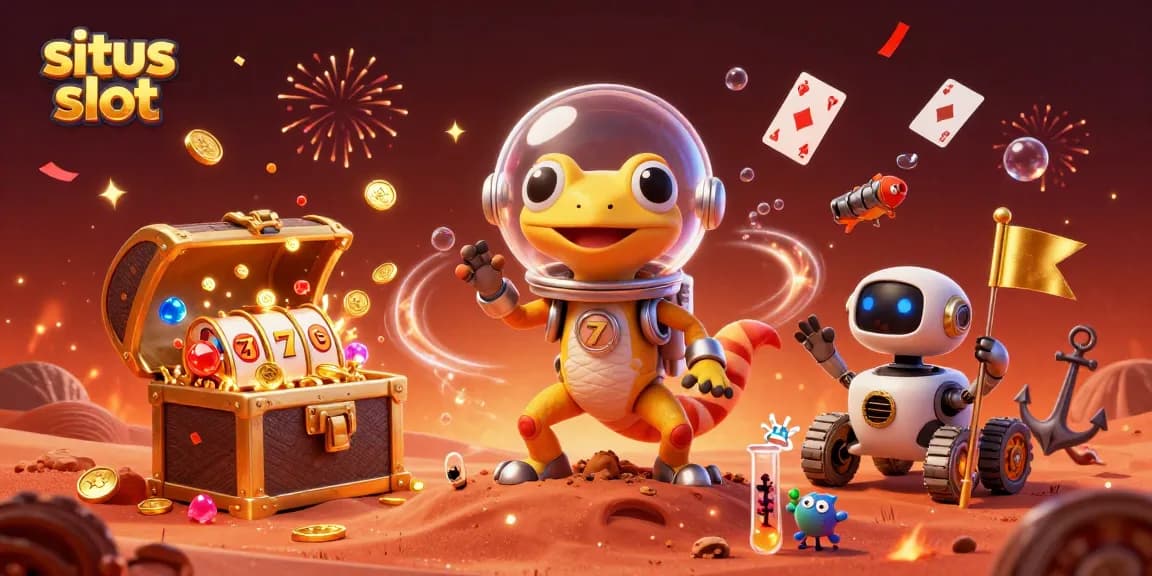 Explore the universe of situs slot with a Martian gecko and casino treasures in a vibrant 3D scene.