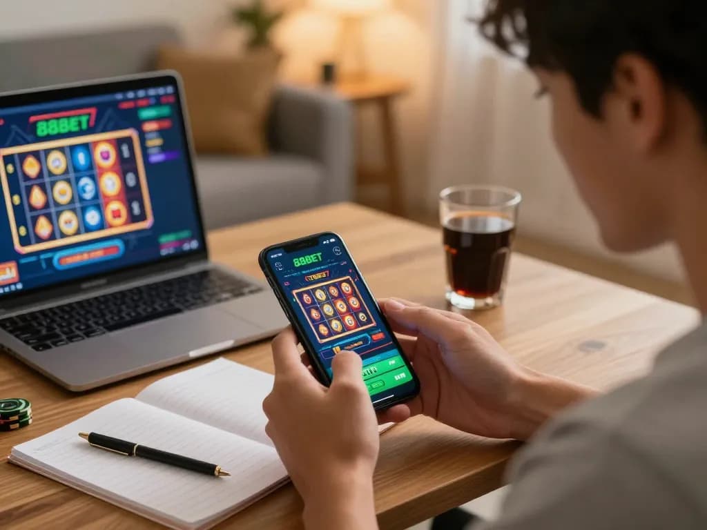 Engaging online casino gameplay on 88BET app in a cozy home setting, player interacting with exciting slot features.