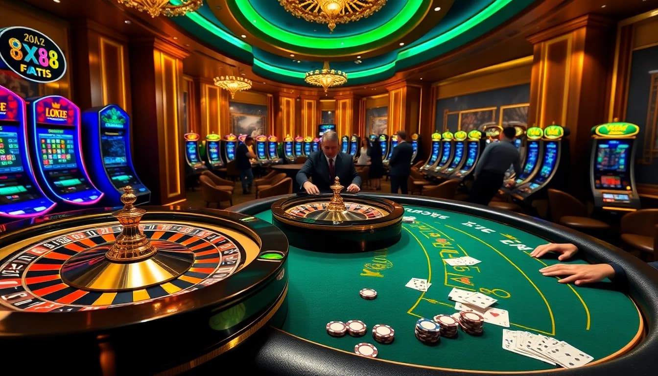 Experience the thrill of XX88 at a luxury casino, featuring a roulette wheel and blackjack table.