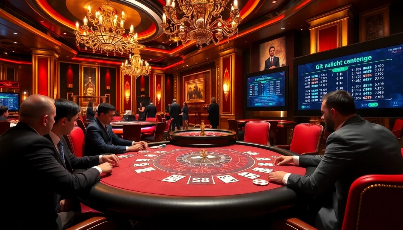 S8 casino players strategizing on a poker table amidst vibrant neon lights and luxury decor.
