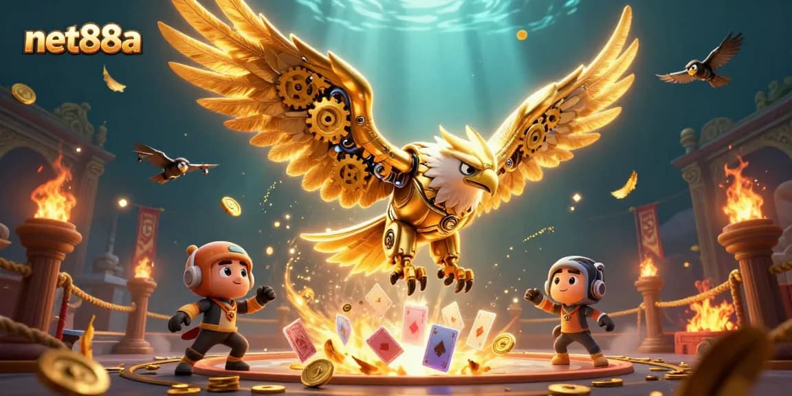 Engage with net88a's thrilling gaming experience as a golden eagle soars through holographic cards.