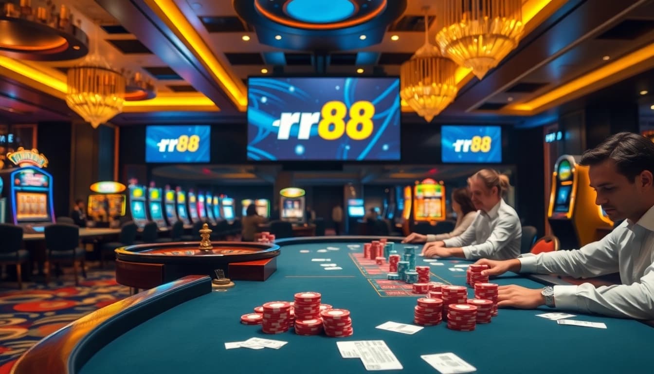 Experience excitement at rr88 trang chủ chính thức with vibrant casino games and players at a poker table.